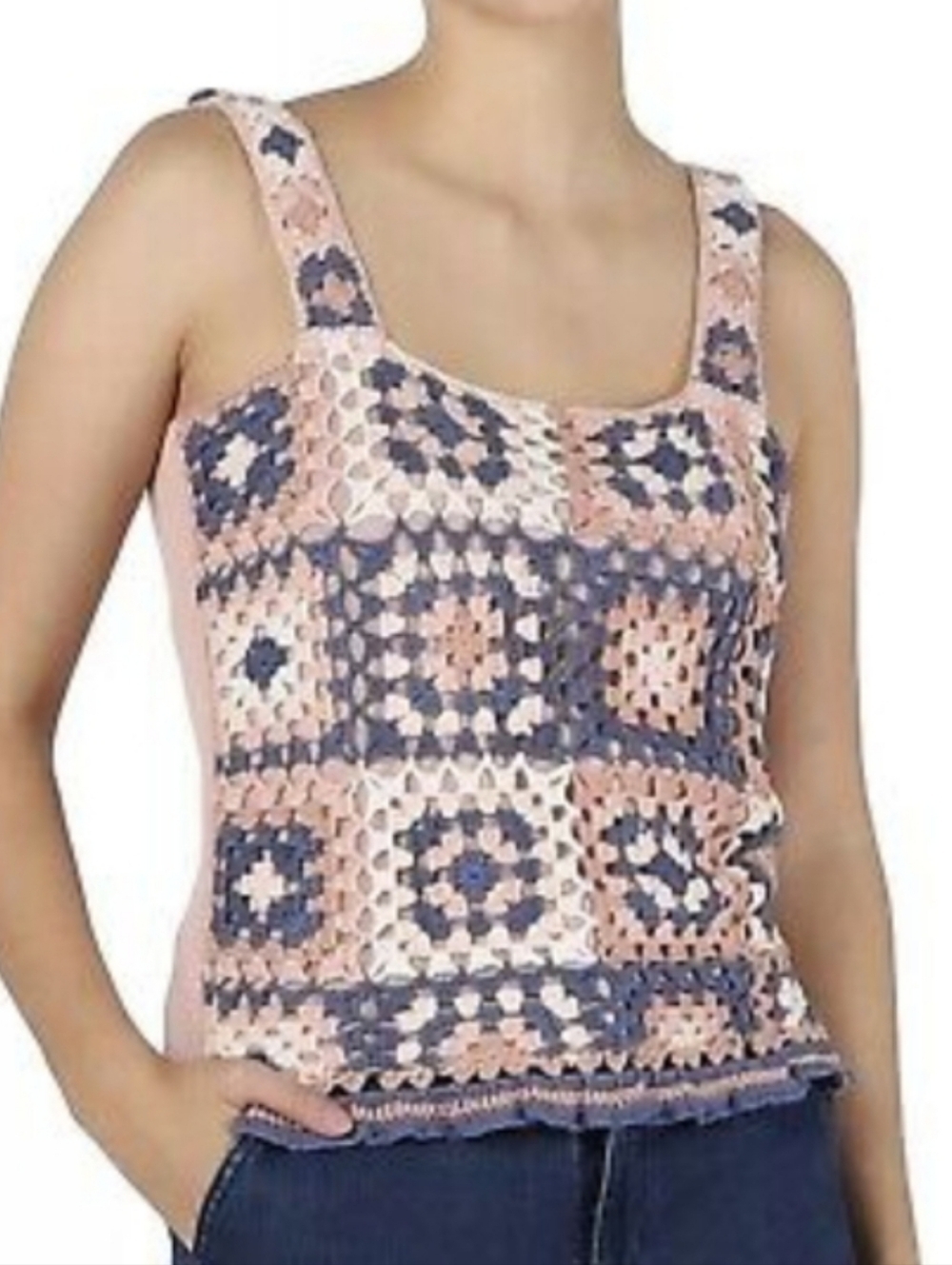 Dex Crochet Patchwork Tank Top in Pink and Blue